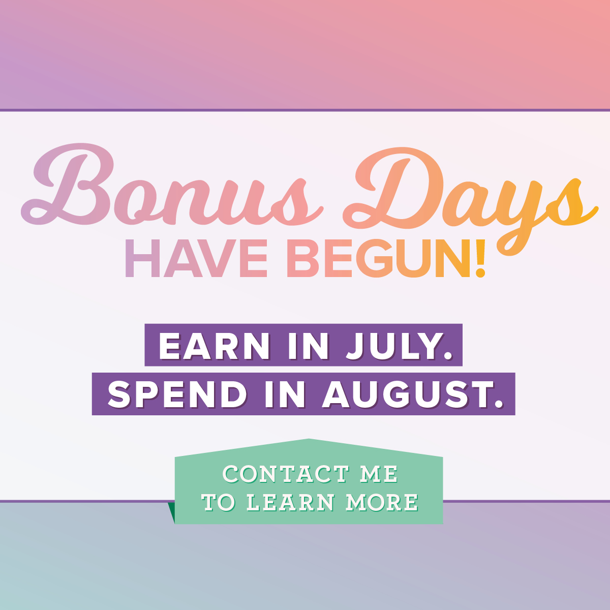 Bonus Days from Stampin' Up! has begun! for every $50 you spend before July 31 (before shipping and tax) earns a $5 Bonus Days coupon code that can be used August 1–31. Visit my blog here for details: https://wp.me/p59VWq-ad4 #stampinup #promotion #thestampcamp