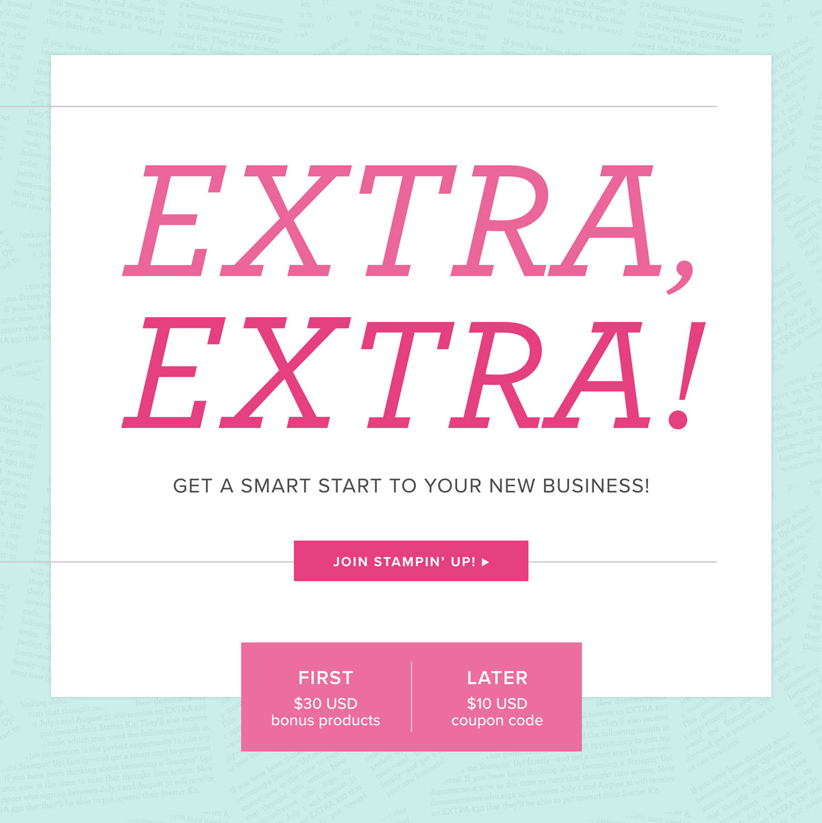 Extra Extra sign up during the months of July - August 31 and receive extra products in your starter kit. Details on my blog here: https://wp.me/p59VWq-aaP #stampinup #thestampcamp #starterkit #stamp