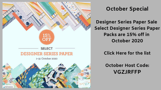 Select Designer Series Paper Packs 15% off in the month of October 2020; see my blog for all the details here: https://wp.me/p59VWq-bv3. #stampinup #thestampcamp #designerpaper