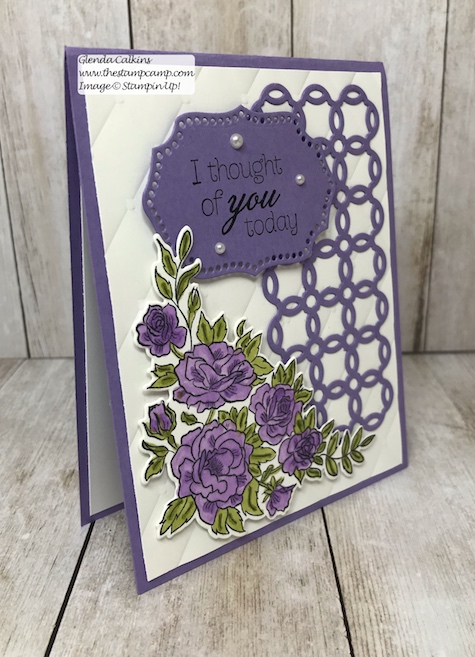 This birthday card is in the Highland Heather colors using the Climbing Roses and Rose Trellis Thinlits dies from Stampin' Up!  Details can be found on my blog: www.thestampcamp.com #saleabration #stamps #stampinup #thestampcamp #birthday