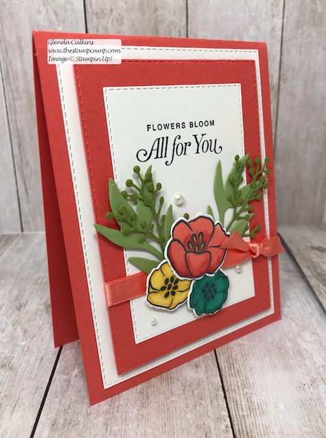 My featured stamp set for April is the All That You Are stamp set and I paired it with the Rectangle Stitched framelits and the Frosted Boquet Framelits dies from Stampin' Up!  The first bonus project for this month will be this gorgeous box to go with your 4 cards.  Details on my blog: www.thestampcamp.com #stampinup #thestampcamp #glendasblog #cardkit