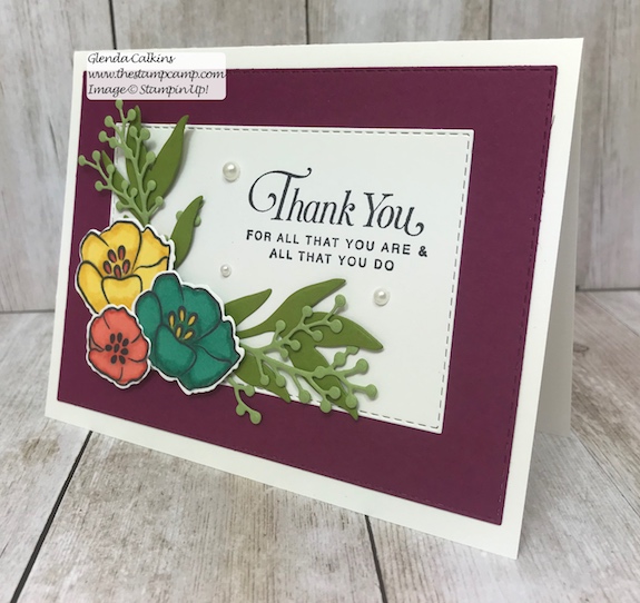 My featured stamp set for April is the All That You Are stamp set and I paired it with the Rectangle Stitched framelits and the Frosted Boquet Framelits dies from Stampin' Up! The first bonus project for this month will be this gorgeous box to go with your 4 cards. Details on my blog: www.thestampcamp.com #stampinup #thestampcamp #glendasblog #cardkit