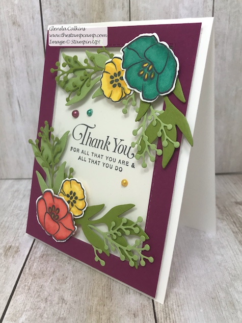 My featured stamp set for April is the All That You Are stamp set and I paired it with the Rectangle Stitched framelits and the Frosted Boquet Framelits dies from Stampin' Up!  The first bonus project for this month will be this gorgeous box to go with your 4 cards.  Details on my blog: www.thestampcamp.com #stampinup #thestampcamp #glendasblog #cardkit