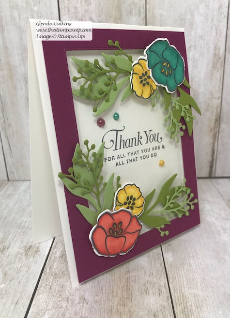 My featured stamp set for April is the All That You Are stamp set and I paired it with the Rectangle Stitched framelits and the Frosted Boquet Framelits dies from Stampin' Up!  The first bonus project for this month will be this gorgeous box to go with your 4 cards.  Details on my blog: www.thestampcamp.com #stampinup #thestampcamp #glendasblog #cardkit