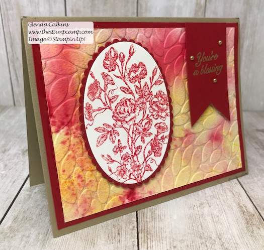 Another Brusho Crystal Colour Technique using embossing folders. Check out the Stamp Camp on Pinterest for different techniques. #thestampcamp #stampinup #techniques #brushocrystalcolours