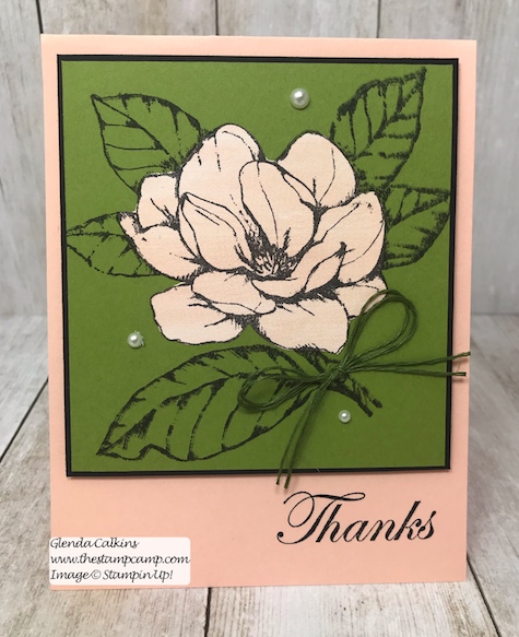 This is the Good Morning Magnolia stamp set from Stampin' Up! This beautiful flower can be colored in so many different ways. This was actually paper pieced using Designer Series Paper. See my Blog Here for details: https://wp.me/p59VWq-a9U #stampinup #thestampcamp #magnolia #handmadecards #stamps