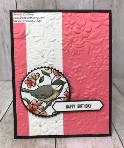 This card features the Bird Ballad Designer Series Paper along with the Country Floral embossing Folder from Stampin' Up! Details can be found on my blog here: https://wp.me/p59VWq-ahb #stampinup #birdballad #embossing #thestampcamp