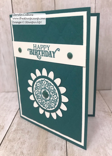This was created from the July Paper Pumpkin On My Mind kit.  The kit has all the supplies to create 9 cards; you will make 3 of each design and there are 3 different designs.  Visit my blog post here for details: https://wp.me/p59VWq-agw #stampinup #paperpumpkin #thestampcamp #cardkit