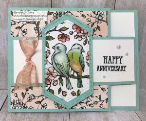 This is the Bird Ballad Designer Series Paper from Stampin' Up! This is a Swing Arm Fun Fold Card. Details and video can be found on my blog here: https://wp.me/p59VWq-alh #stampinup #funfold #thestampcamp #birdballad