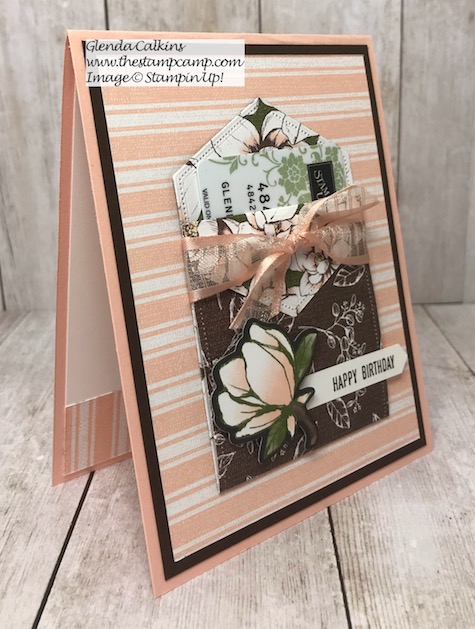 This is a gift card holder and a card created from the Stampin' Up! Magnolia Lane DSP and the Stitched Nested Labels Dies. Details are on my blog here: https://wp.me/p59VWq-akZ #stampinup #magnolia #stitchednesteddies #thestampcamp
