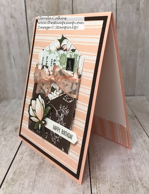 This is a gift card holder and a card created from the Stampin' Up! Magnolia Lane DSP and the Stitched Nested Labels Dies. Details are on my blog here: https://wp.me/p59VWq-akZ #stampinup #magnolia #stitchednesteddies #thestampcamp