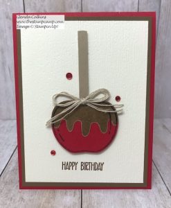 Caramel Apple anyone? I love how you can create these Caramel Apples using the Harvest Hello Bundle from Stampin' Up! Details and video on my blog here: https://wp.me/p59VWq-aoo #stampinup #harvesthello #thestampcamp #suckerholder