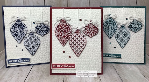The ornaments on this card are from the Gleaming Ornaments punch pack from Stampin' Up! It is part of the Christmas Gleaming Bundle. Details are on my blog here: https://wp.me/p59VWq-awQ #stampinup #thestampcamp #christmas #ornaments