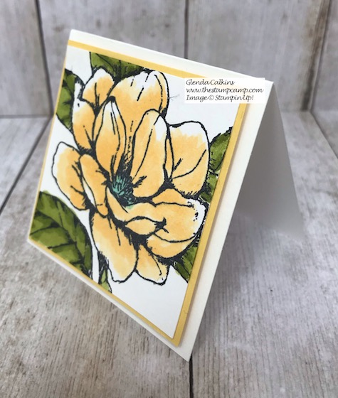 This little 3 x 3 card would be great in my little box with chocolates; who wouldn't like to receive this gift. Visit my Blog for details: https://wp.me/p59VWq-azh #stampinup #thestampcamp #handmadegift #magnolia
