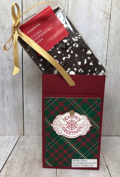 Today is Day 8 in my 12 Days of Christmas Gift Giving Ideas. This box holds a Starbucks Peppermint Bark and it also has a card and gift card on the front. Details on my blog here: https://wp.me/p59VWq-aBV . #stampinup #thestampcamp #treatbox #giftcardholder