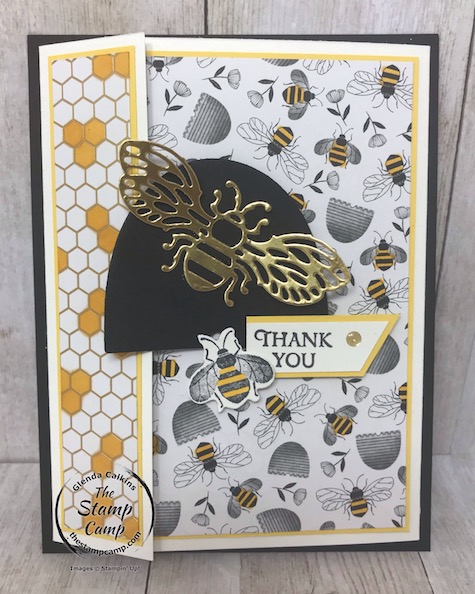This is the Honey Bee Bundle and the Golden Honey Specialty Designer Series paper from Stampin' UP! Details on my blog here: https://wp.me/p59VWq-aKO #stampinup #thestampcamp #saleabration #honeybee