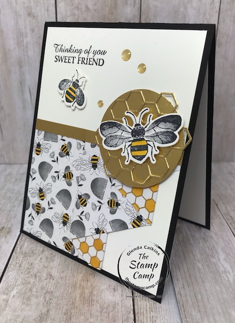 This is the Honey Bee Bundle and the Golden Honey Specialty Designer Series paper from Stampin' UP! Details on my blog here: https://wp.me/p59VWq-aJM #stampinup #thestampcamp #saleabration #honeybee