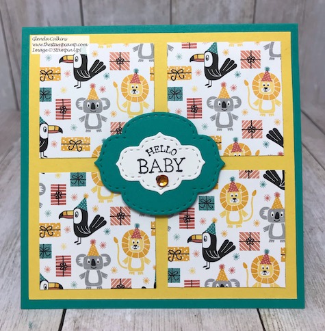 So Sentimental paired with the Birthday Bonanza Designer Series Paper from Stampin' Up! Details can be found on my blog here: So Sentimental paired with the Birthday Bonanza Designer Series Paper #stampinup #thestampcamp #baby