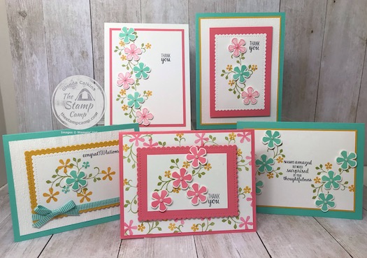 These cards were created using the FREE Sale-a-bration thoughtful Blooms and the Small Blooms Punch. Details can be found on my blog here: https://wp.me/p59VWq-aJH #stampinup #thestampcamp #saleabration #thoughtfulblooms