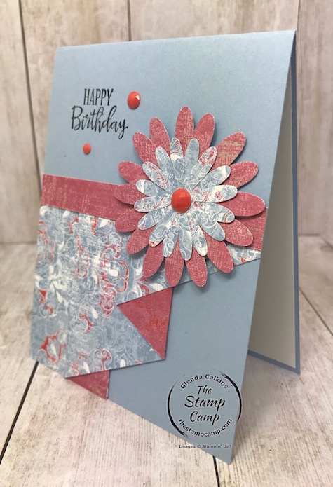 This is a different fun fold card. It is called a curtain fold and I created it with the Woven Threads designer paper. Details can be found on my blog here: https://wp.me/p59VWq-aMN #stampinup #incolor #thestampcamp #woventhread