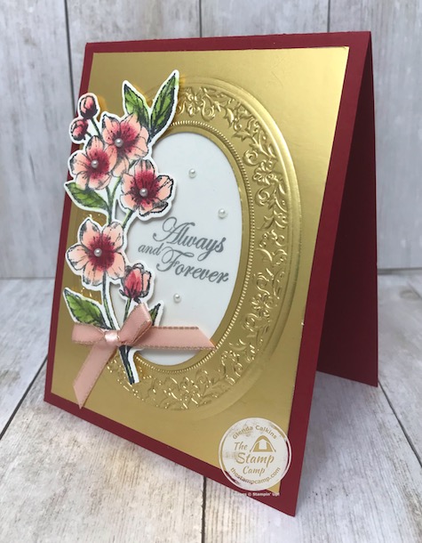 This is my Gold Faux Frame with my featured stamp set for the month of March 2020 "Forever Blossoms". Details are on my blog here: https://wp.me/p59VWq-aS3 . #stampinup #foreverblossoms #thestampcamp #wovenheirlooms