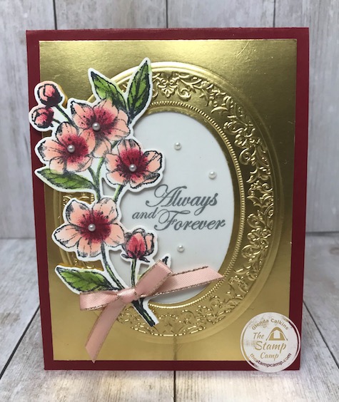 This is my Gold Faux Frame with my featured stamp set for the month of March 2020 "Forever Blossoms". Details are on my blog here: https://wp.me/p59VWq-aS3 . #stampinup #foreverblossoms #thestampcamp #wovenheirlooms