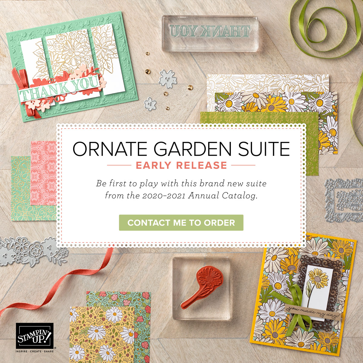 This is the Ornate Garden Suite of products a sneak peek as to what is coming in the next Stampin' Up! annual catalog. Details are on my blog here: https://wp.me/p59VWq-aT0 . #ornatesuite #stampinup #thestampcamp #paperscraps