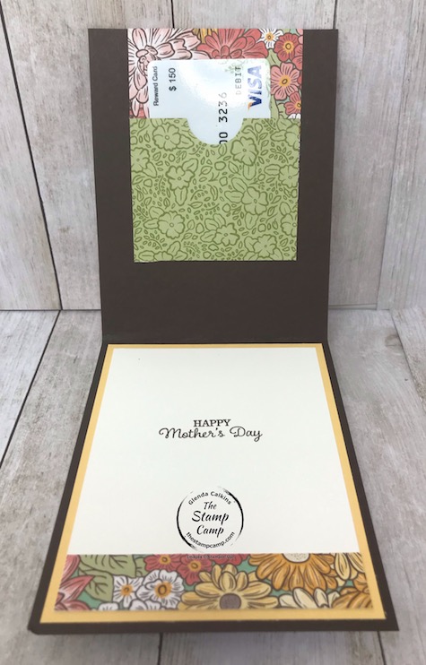 The Ornate Garden Specialty Designer Series Paper creates the perfect card/gift card holder for Mother's Day. Details are on my blog here: https://wp.me/p59VWq-aWG . #stampinup #mothersday #thestampcamp #giftcardholder