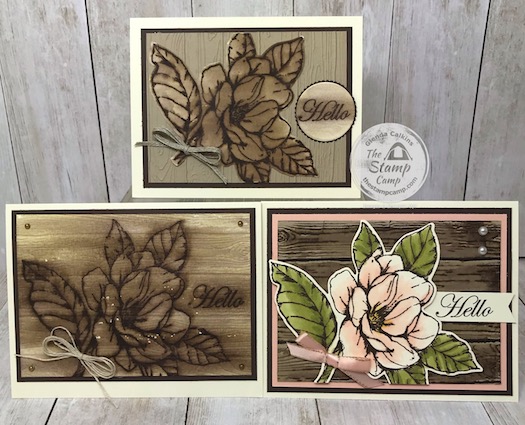 This is the faux Wood Burning Technique with the Good Morning Magnolia stamp set. Watch me take it from simple stamping to Wow stamping. Details on my blog here: https://wp.me/p59VWq-bej. #stampinup #technique #magnolia #thestampcamp