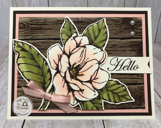 This is the faux Wood Burning Technique with the Good Morning Magnolia stamp set. Watch me take it from simple stamping to Wow stamping. Details on my blog here: https://wp.me/p59VWq-bej. #stampinup #technique #magnolia #thestampcamp 