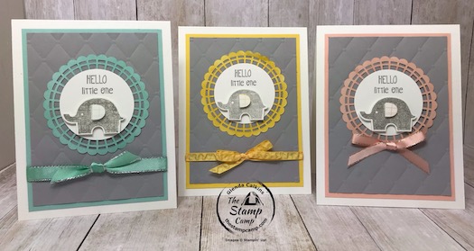 Which color little Elephant card do you like best? The little Elephant stamp set and coordinating punch is on the retiring list for June 2, 2020. Details are on my blog here: https://wp.me/p59VWq-aYq #thestampcamp #stampinup #littleelephant #baby