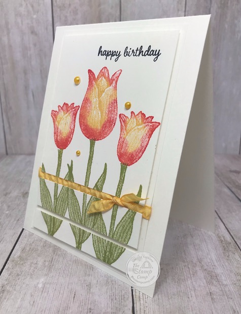 On this card I have a couple of different fun things. The first up is the two toned stamping with the Timeless Tulips stamp set and the next thing is the different technique used on this card. Details and video will be on my blog here: https://wp.me/p59VWq-bgV. #stampinup #funfold #thestampcamp #timelesstulips #twotoned