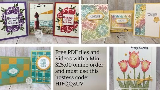 Tuesday's Tips and Techniques cards for June 2020. Every Tuesday join me on my FaceBook page or YouTube Channel "The Stamp Camp" at 7:30PM EST. I will show you a tip or technique or both. The PDF Files are free with a min. $25.00 online order and the use of the hostess code. Details are on my blog here: https://wp.me/p59VWq-bjj. #stampinup #thestampcamp #techniques