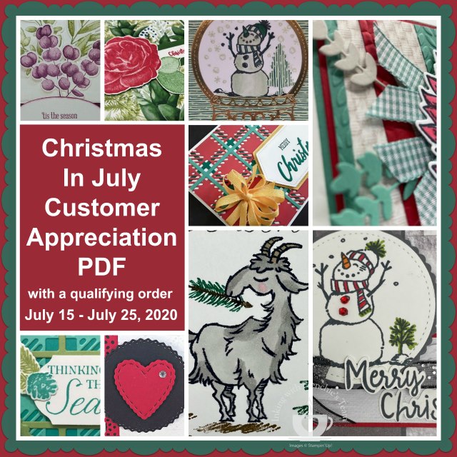 Christmas in July PDF file is free with a min. $25.00 order and the use of the current hostess code found on my blog www.thestampcamp.com. You will love these projects and it will help you to get a jump start on your Christmas cards for this year. #christmas #Stampinup #thestampcamp