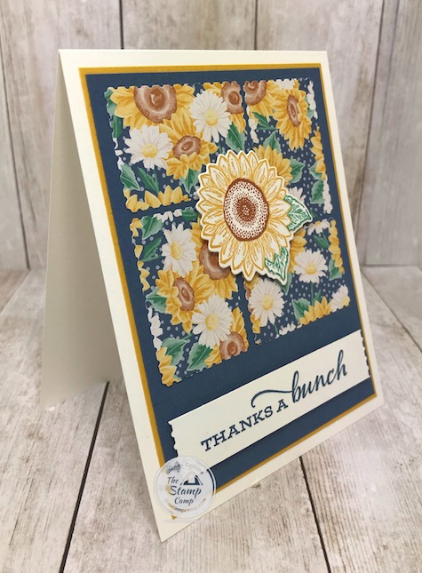 The Flowers for Every Season Designer Series Paper paired with the Celebrate Sunflowers bundle is a perfect match and the color combinations are beautiful. The Flowers for Every Season Designer Series Paper Pack features the New In Colors: Bumblebee, Misty Moonlight, Magenta Madness, Cinnamon Cider, Just Jade; plus Poppy Parade and Whisper White. Details for this card can be found on my blog here: https://wp.me/p59VWq-bkQ. #stampinup #flowersforeveryseason #thestampcamp