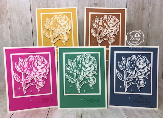 These are the New 2020-2022 In Colors from Stampin' Up! This group of new In Colors go together so well; I love the vibrant colors. I paired this month's In Color Club Member cards with the Prized Peony stamp set; which is my featured stamp set for July 2020. I also have a great Tip to share regarding dies and framelits. Details are on my blog here: https://wp.me/p59VWq-bl9. #stampinup #dies #prizedpeony #thestampcamp