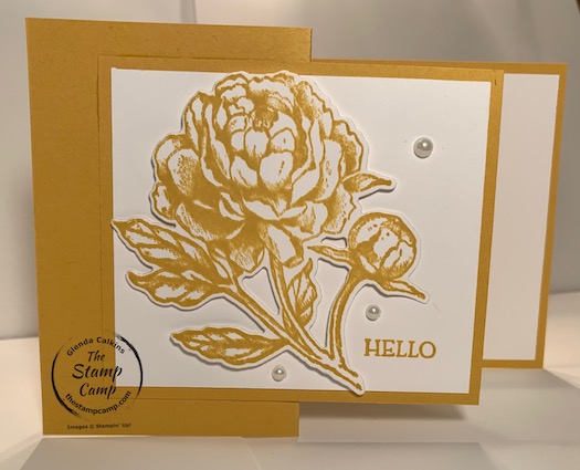 This is the Prized Peony bundle in the Bumblebee In Color in a Z Fold Fun Fold card. I had some left over pieces from my In Color Club cards so decided to use them up on another card. This Z-Fold card was the perfect monochromatic card to use up those extra pieces on. Details are on my blog here: https://wp.me/p59VWq-bmO. #stampinup #prizedpeony #thestampcamp #incolor