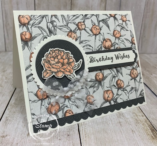 The Peony Garden Designer Series Paper is beautiful but did you know that you can make it even more beautiful? Check out this card with the Peony Garden Designer Paper colored with the Petal Pink Blends; just that little bit of color gives this whole paper piece a new look and feel. Details are on my blog here: https://wp.me/p59VWq-bn2. #stampinup #prizedpeony #thestampcamp #technique #blends