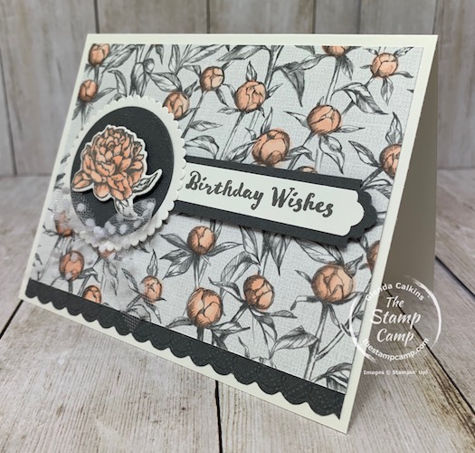The Peony Garden Designer Series Paper is beautiful but did you know that you can make it even more beautiful? Check out this card with the Peony Garden Designer Paper colored with the Petal Pink Blends; just that little bit of color gives this whole paper piece a new look and feel. Details are on my blog here: https://wp.me/p59VWq-bn2. #stampinup #prizedpeony #thestampcamp #technique #blends