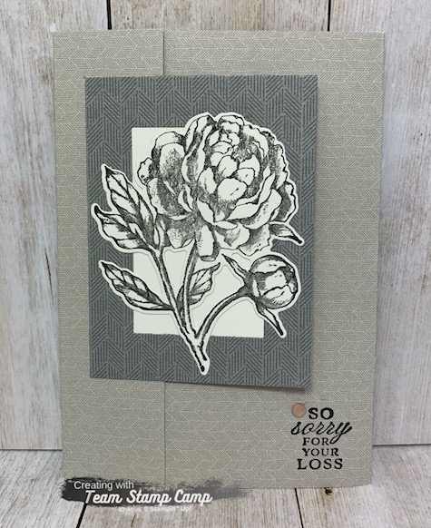 This is the Prized Peony Bundle and the Peony Garden Designer Series Paper from Stampin' Up!  This card was created by my fellow team member Judy for a team swap.  I think she did a fabulous job and you can find the details on my blog here: https://wp.me/p59VWq-bnl. #stampinup #thestampcamp #prizedpeony