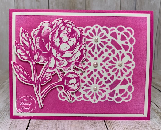Have you tried using the Vellum Square Doilies as a stencil? If not you will want to give it a try; the results are spectacular. This was done live on Tuesday night on my Facebook page and YouTube Channel "The Stamp Camp"; if you missed it see my blog here for the video: https://wp.me/p59VWq-bn9. #stampinup #thestampcamp #glendasblog #stencil #vellum