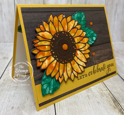 Bonus Card #4 for my featured stamp set for August the Celebrate Sunflowers Bundle. This card has a fun technique so you don't have to color in the images. Details are on my blog here: https://wp.me/p59VWq-bqI. #stampinup #thestampcamp #celebratesunflowers