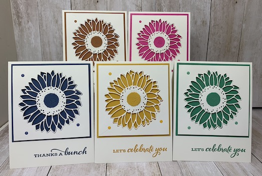 My featured stamp set for August is the Celebrate Sunflowers Bundle.  These 5 cards are the In Colors for 2020 - 2022 and I created these for my In Color Club Members.  Each month they receive 5 In Color Cards from me with a package of In Color Products.  Details are on my blog here: https://wp.me/p59VWq-bpa.  #stampinup #incolors #thestampcamp