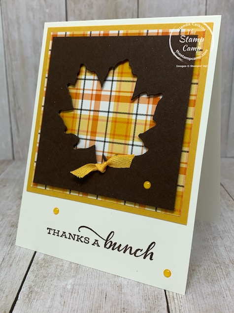 Here is the Peek-a-boo technique with the Gather Together Dies. The Plaid Tidings background is in the back and the oak leaf die is used for the Peek-a-boo technique. Details are on my blog here: https://wp.me/p59VWq-bpq. #stampinup #thestampcamp #gathertogether #dies #technique