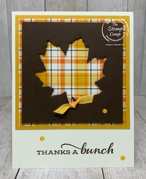 Here is the Peek-a-boo technique with the Gather Together Dies. The Plaid Tidings background is in the back and the oak leaf die is used for the Peek-a-boo technique. Details are on my blog here: https://wp.me/p59VWq-bpq. #stampinup #thestampcamp #gathertogether #dies #technique