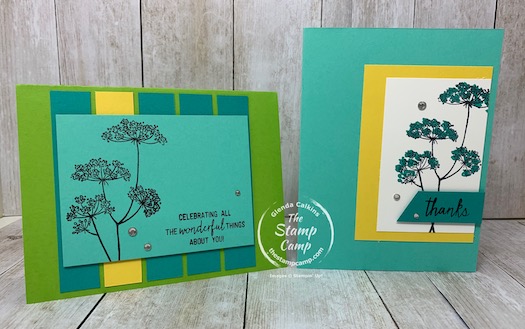 Would you like 2 FREE stamp sets? With your free stamp sets you will also get the cut card stock to create these 4 cards BUT 4 of each design for a total of 16 cards with envelopes. You will also get a package of Rhinestones, and a code for a Paper Pumpkin kit. Plus, choose $125 worth of Stampin' Up! products all for only $99.00! Details are on my blog here: https://wp.me/p59VWq-bsQ. #stampinup #thestampcamp #glendasblog #cardkit