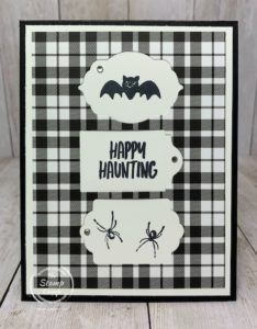 The Trio of Tags Dies can create an interesting focal point for your stamped images. This super cute card is monochromatic and perfect for Halloween. Details are on my blog here: https://wp.me/p59VWq-btG. #stampinup #halloween #thestampcamp #dies