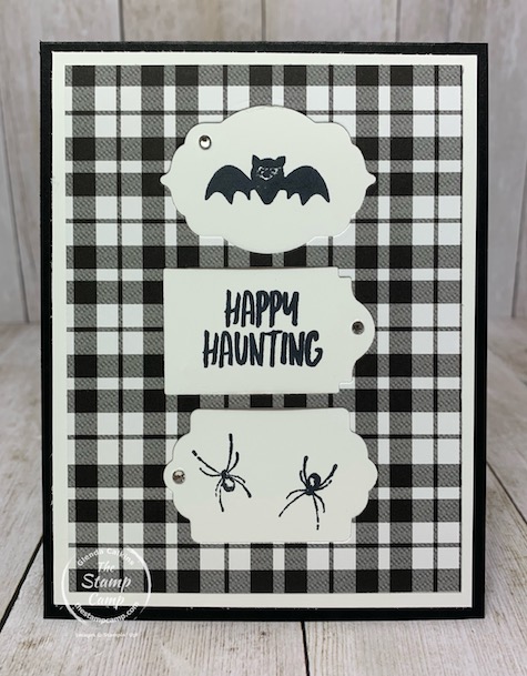 The Trio of Tags Dies can create an interesting focal point for your stamped images. This super cute card is monochromatic and perfect for Halloween. Details are on my blog here: https://wp.me/p59VWq-btG. #stampinup #halloween #thestampcamp #dies