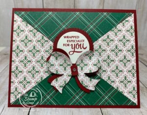 Does this card looked like it was wrapped? That was the look I was going for when I created this card. This is a fun way to use the designer series paper for any occasion and super simple to do. I paired the Gift Wrapped stamp set with the Tis the Season Designer Series Paper for a fun card.Details are on my blog here: https://wp.me/p59VWq-bvQ. #thestampcamp #stampinup #designerpaper #christmas