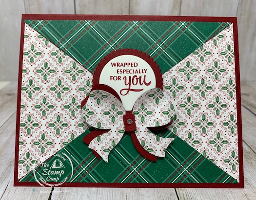 Does this card looked like it was wrapped? That was the look I was going for when I created this card. This is a fun way to use the designer series paper for any occasion and super simple to do. I paired the Gift Wrapped stamp set with the Tis the Season Designer Series Paper for a fun card.Details are on my blog here: https://wp.me/p59VWq-bvQ. #thestampcamp #stampinup #designerpaper #christmas